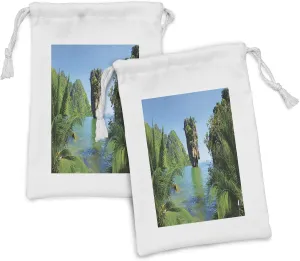 Lunarable Island Fabric Pouch Set of 2, James Bond Island Phang Nga in Thailand Filming Cliff Geological Formation Tropics, Small Drawstring Bag for Toiletries Masks and Favors, 9" x 6", Green Blue
