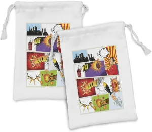Lunarable Superhero Fabric Pouch Set of 2, Retro Comic Book Speech Bubbles Mock-Up Sound Effects Anger Brave Graphic, Small Drawstring Bag for Toiletries Masks and Favors, 9" x 6", Multicolor
