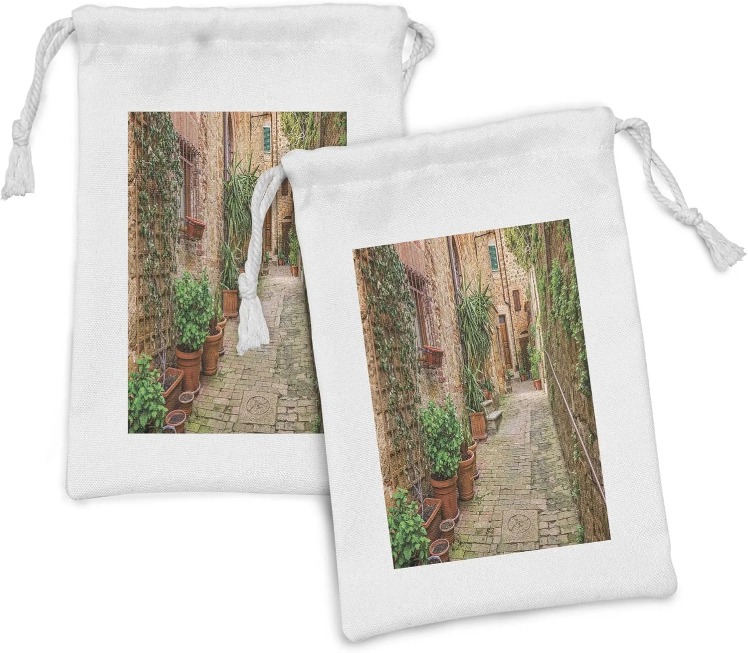 Lunarable Tuscan Fabric Pouch Set of 2, Greenery Botanical Medieval Walls Nature Old Town Settlement Alley Dreamy Aisle, Small Drawstring Bag for Toiletries Masks and Favors, 9" x 6", Multicolor