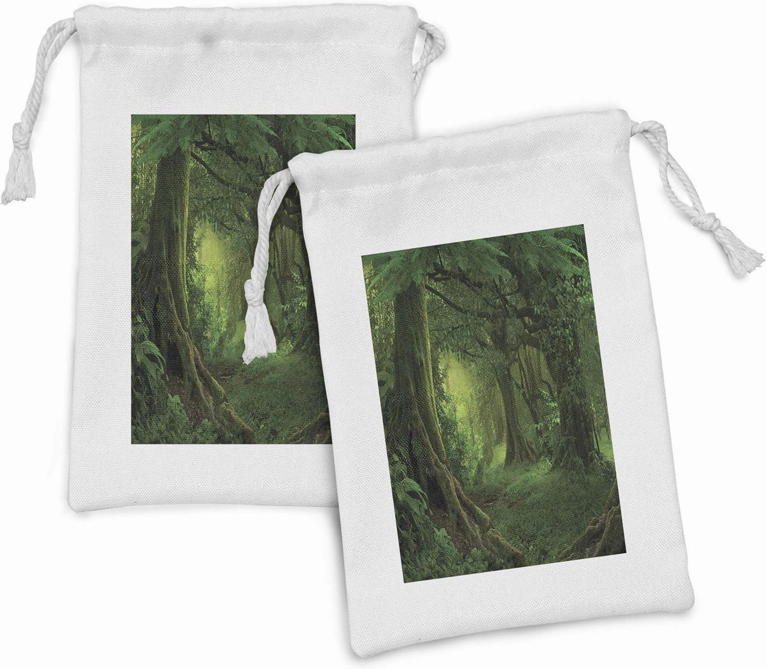 Lunarable Forest Fabric Pouch Set of 2, Enchanted Woodland Foliage in Deep Tropical Jungle at Southeast Landscape Print, Small Drawstring Bag for Toiletries Masks and Favors, 9" x 6", Green