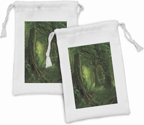 Lunarable Forest Fabric Pouch Set of 2, Enchanted Woodland Foliage in Deep Tropical Jungle at Southeast Landscape Print, Small Drawstring Bag for Toiletries Masks and Favors, 9" x 6", Green