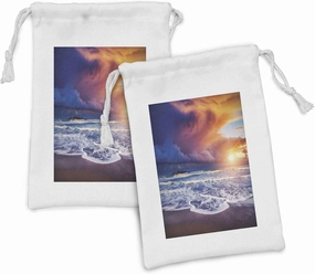 Lunarable Ocean Fabric Pouch Set of 2, Stormy Overcast Sky and Beach with Waves Horizon Mediterranean Scenery Art, Small Drawstring Bag for Toiletries Masks and Favors, 9" x 6", Orange Blue