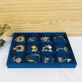 Luxury Velvet 12 Grids UNIVERSAL JEWELRY TRAY organiser for Drawer and Display for Earrings chains Rings Watch and other Jewellery needs (Blue, 30*20*3.5 cm)