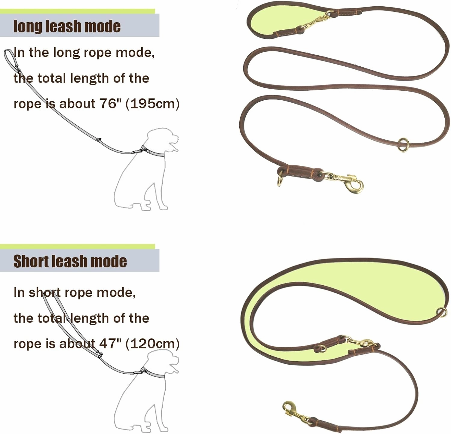 LWBMG Multi Function Leather Dog Leash 8ft Genuine Leather Leash for Dogs Hands Free Dog Leash Double Ended Dog Training Leash for Small Medium Large Dogs