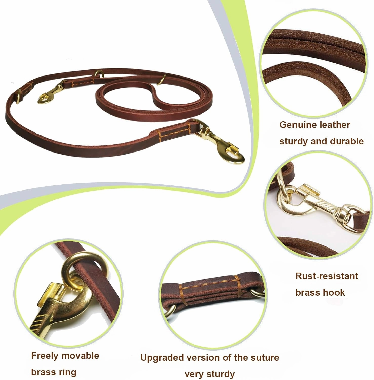 LWBMG Multi Function Leather Dog Leash 8ft Genuine Leather Leash for Dogs Hands Free Dog Leash Double Ended Dog Training Leash for Small Medium Large Dogs
