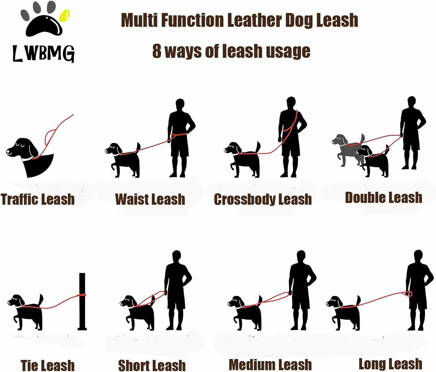 LWBMG Multi Function Leather Dog Leash 8ft Genuine Leather Leash for Dogs Hands Free Dog Leash Double Ended Dog Training Leash for Small Medium Large Dogs