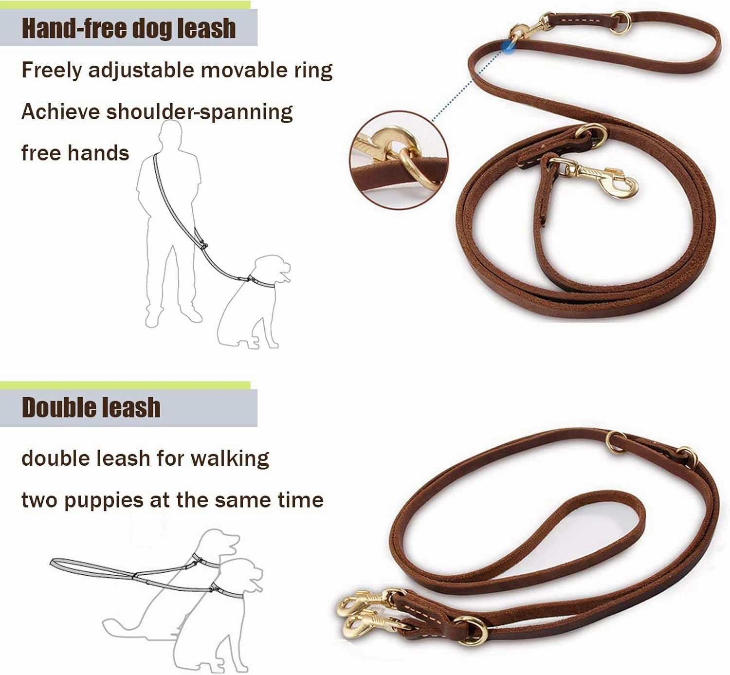 LWBMG Multi Function Leather Dog Leash 8ft Genuine Leather Leash for Dogs Hands Free Dog Leash Double Ended Dog Training Leash for Small Medium Large Dogs