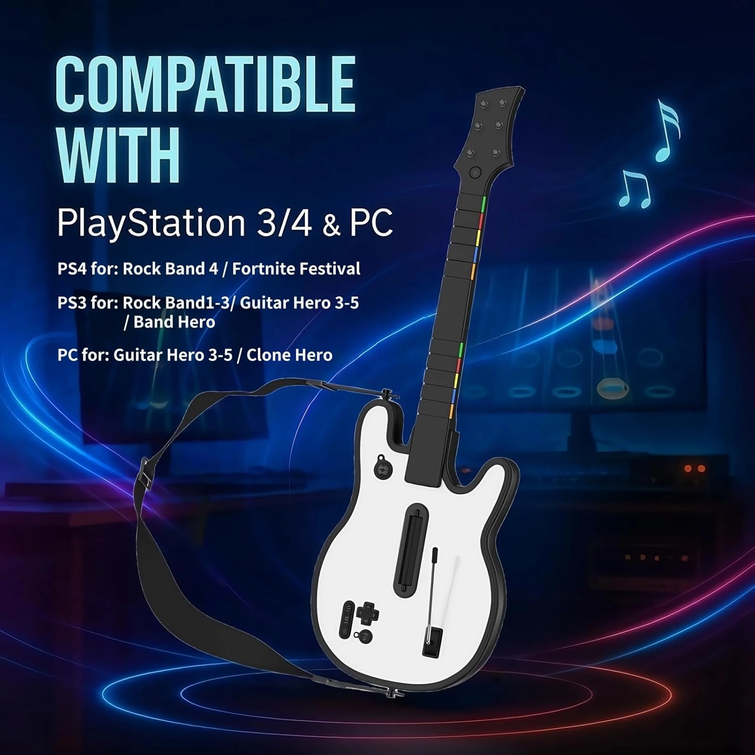 Lyvix Guitar Hero Guitar Controller for PS4/PS3/PC - Wireless Rechargeable Game Guitar for Guitar Hero, Rock Band, Clone Hero, Fortnite Festival, PlayStation 3/4/PC with Replaceable Straps, RGB Light, Audio Jack