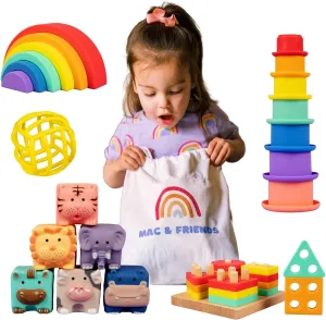 Mac & Friends 5-in-1 Montessori Toy Set Designed by Parents | Great Gift for Baby Shower, New Sibling or Birthday Party | Educational Soft Sensory Toys for 0 Months to 3  Years