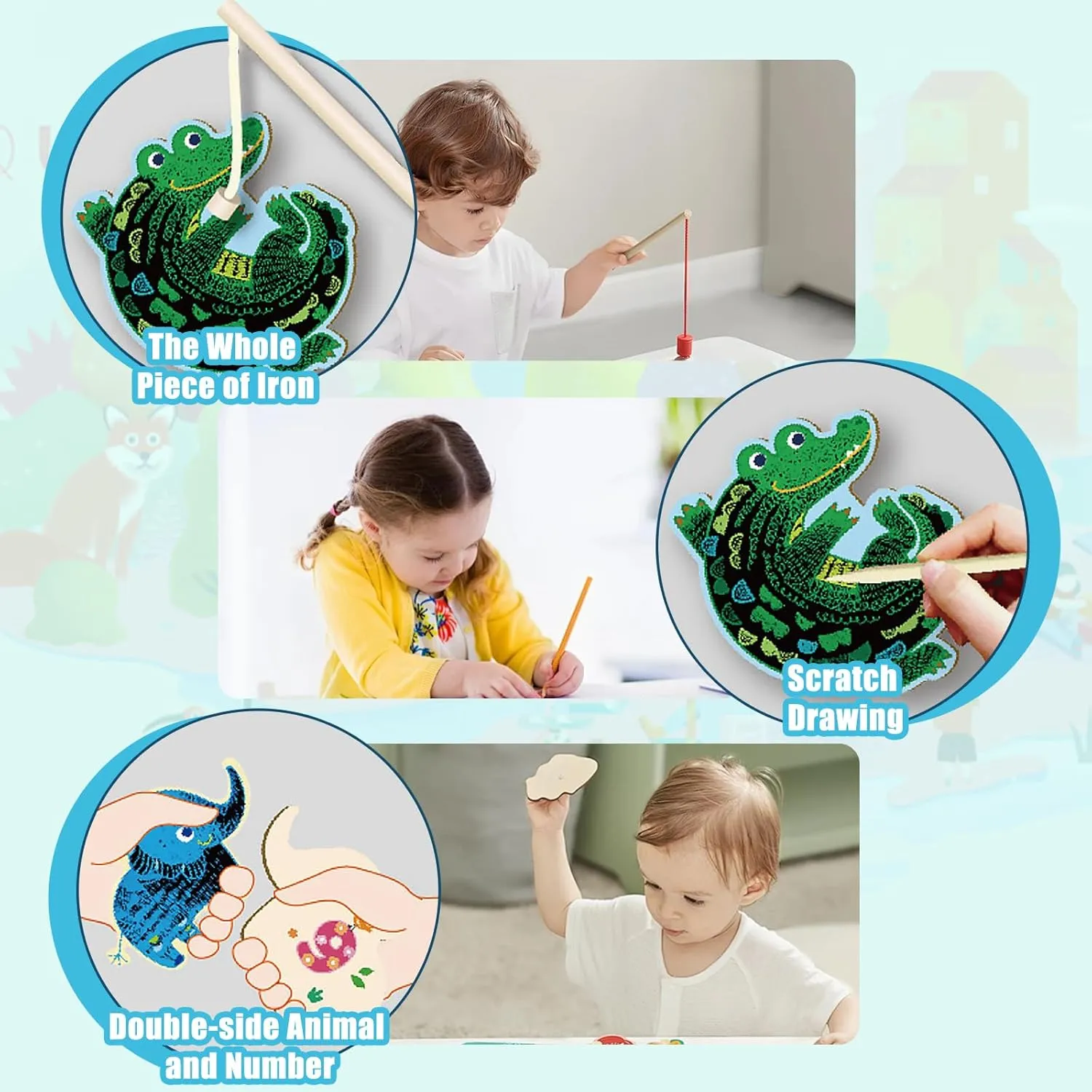 Magnetic Fishing Game Toys Kids Wooden Colorful Magnetic Fishing Scratch Art Magic Drawing DIY for Kids Jungle Animals 2-in-1 Creative Game Gift for 3  Years Toddler