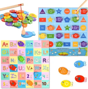 Magnetic Wooden Fishing Game – Interactive ABC Alphabet, Numbers, Shapes & Colors 4-in-1 Learning Board | Montessori Educational Toy for Kids | Complete Set with 36 Fish, 2 Poles & Wooden Board