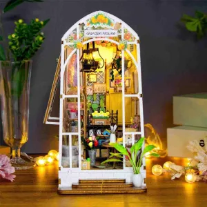 MAGQOO Book Nook Kit DIY Doll House Booknook Book Nook Miniature Kit for Bookshelf Doll Houses for Adults Teen Halloween, 3D Wooden Puzzle Bookends with Sensor Led Light(Garden House)