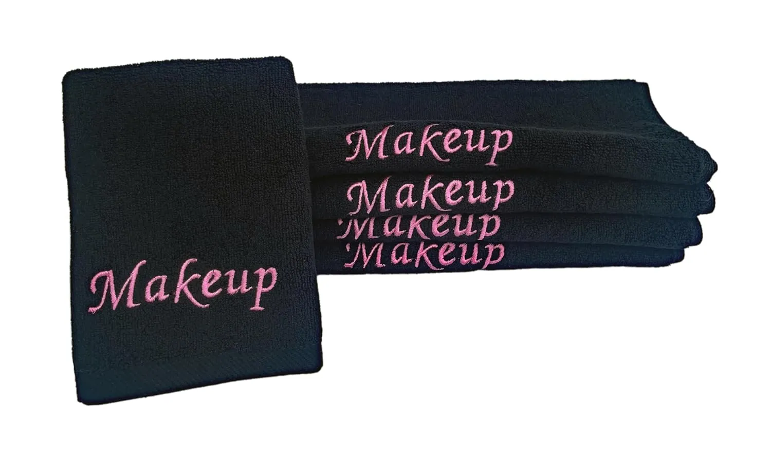 Makeup Remover Eraser Cloths. Reusable towel set. Facial Cleansing washcloths. 100% Cotton. Set of five. (Black & Pink Embroidery, 13 X 13)