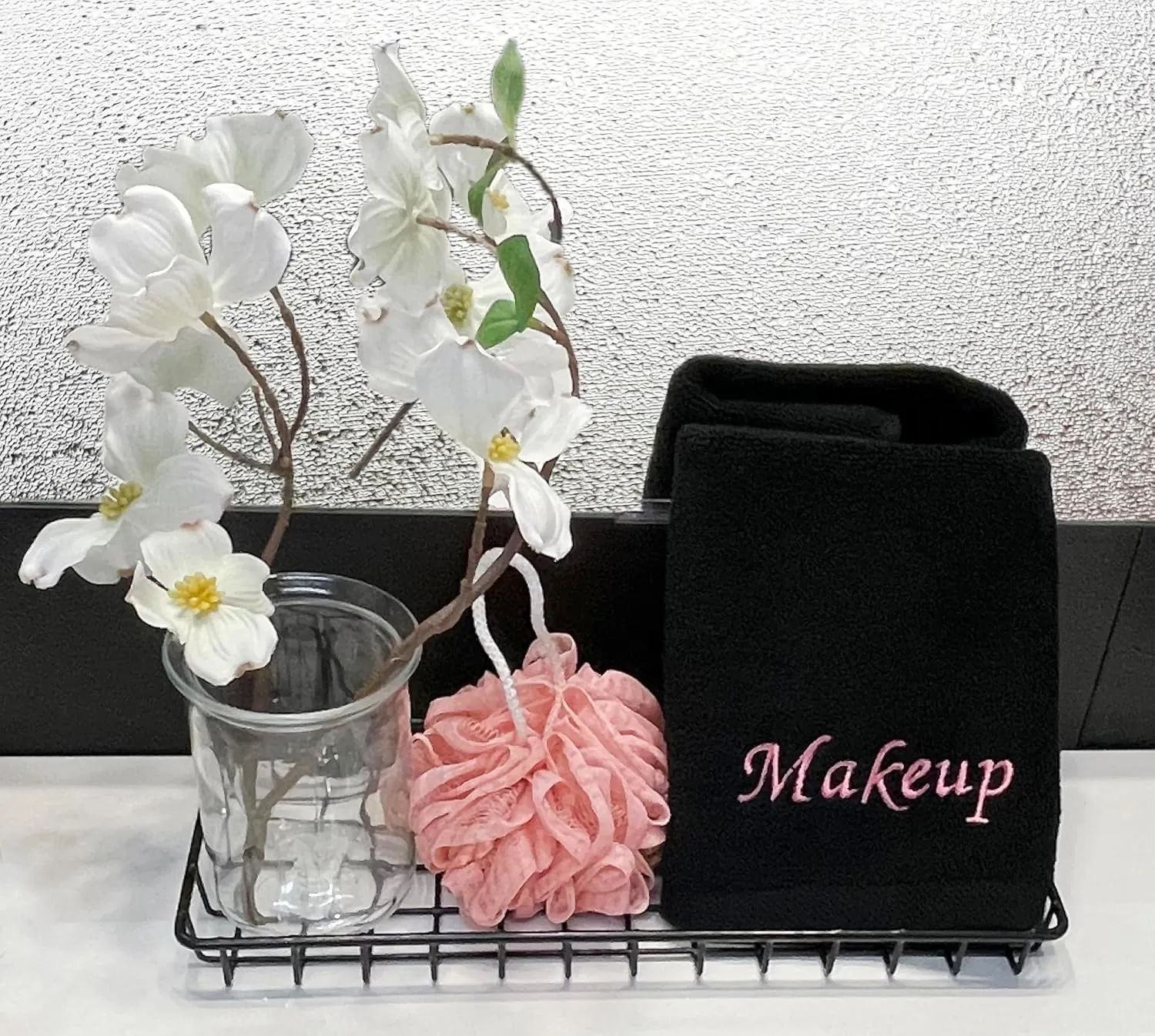Makeup Remover Eraser Cloths. Reusable towel set. Facial Cleansing washcloths. 100% Cotton. Set of five. (Black & Pink Embroidery, 13 X 13)