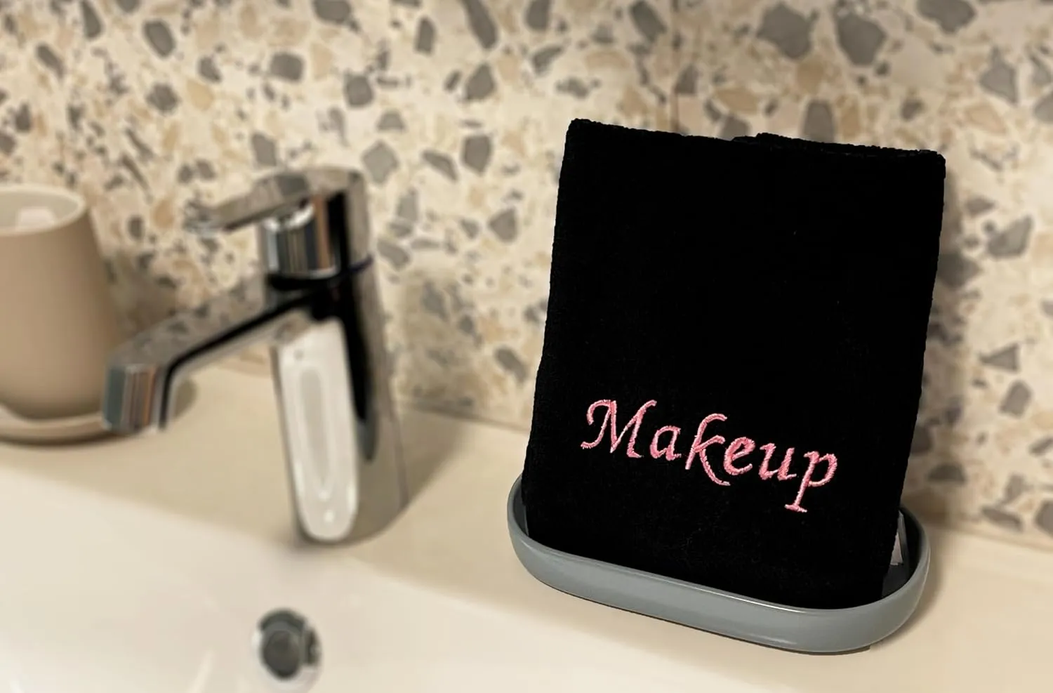 Makeup Remover Eraser Cloths. Reusable towel set. Facial Cleansing washcloths. 100% Cotton. Set of five. (Black & Pink Embroidery, 13 X 13)