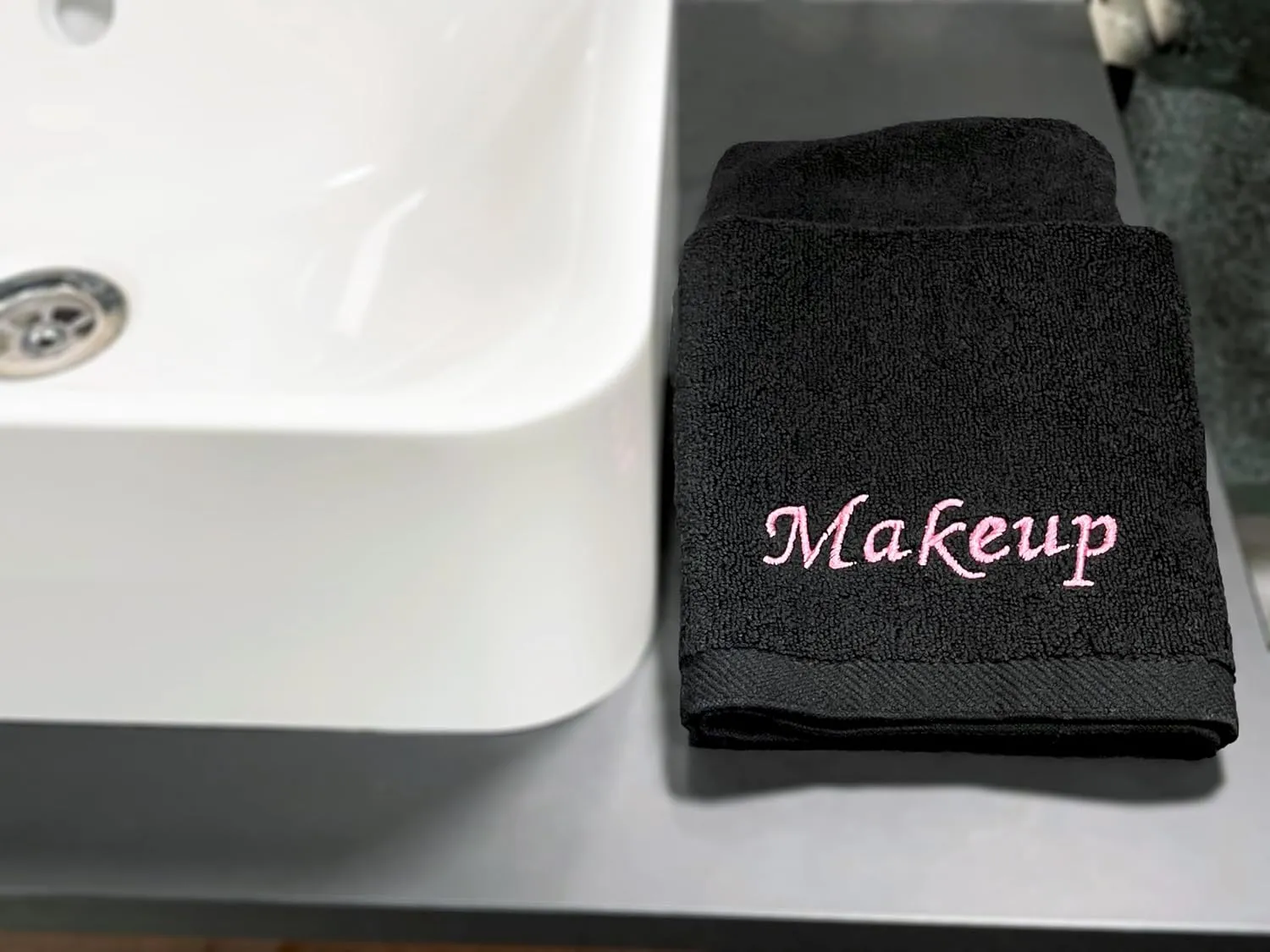 Makeup Remover Eraser Cloths. Reusable towel set. Facial Cleansing washcloths. 100% Cotton. Set of five. (Black & Pink Embroidery, 13 X 13)