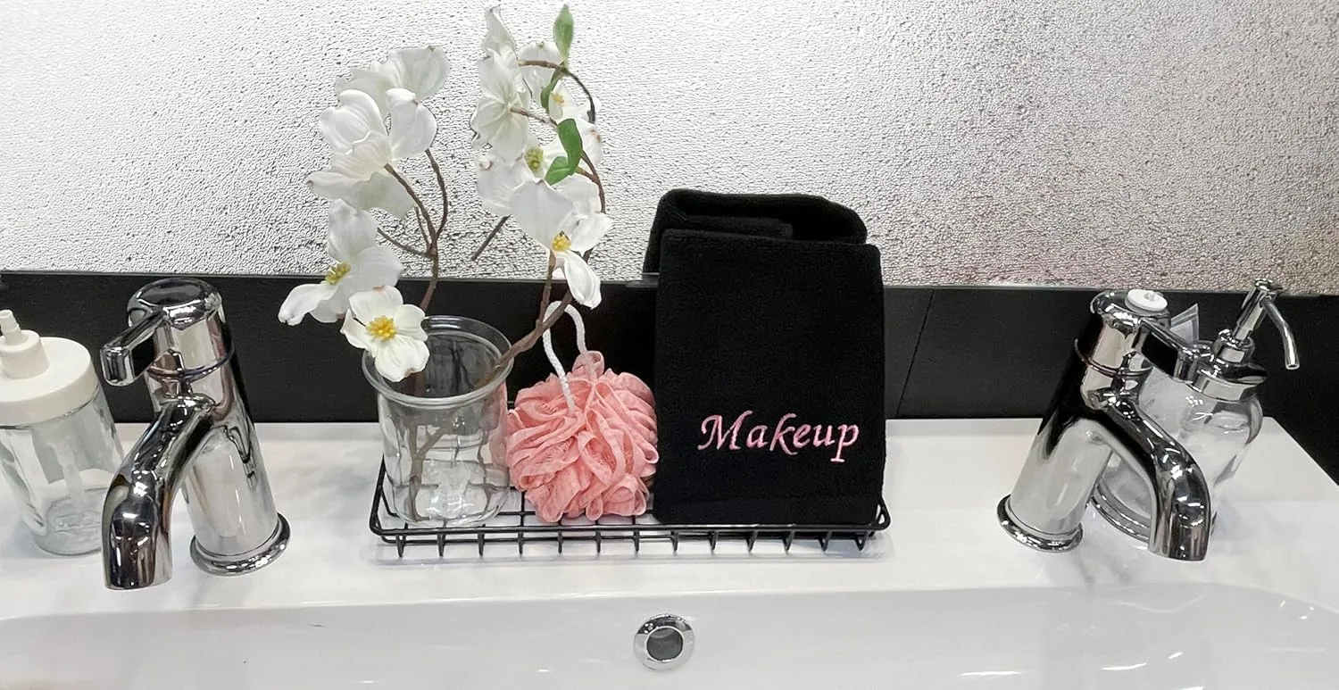 Makeup Remover Eraser Cloths. Reusable towel set. Facial Cleansing washcloths. 100% Cotton. Set of five. (Black & Pink Embroidery, 13 X 13)