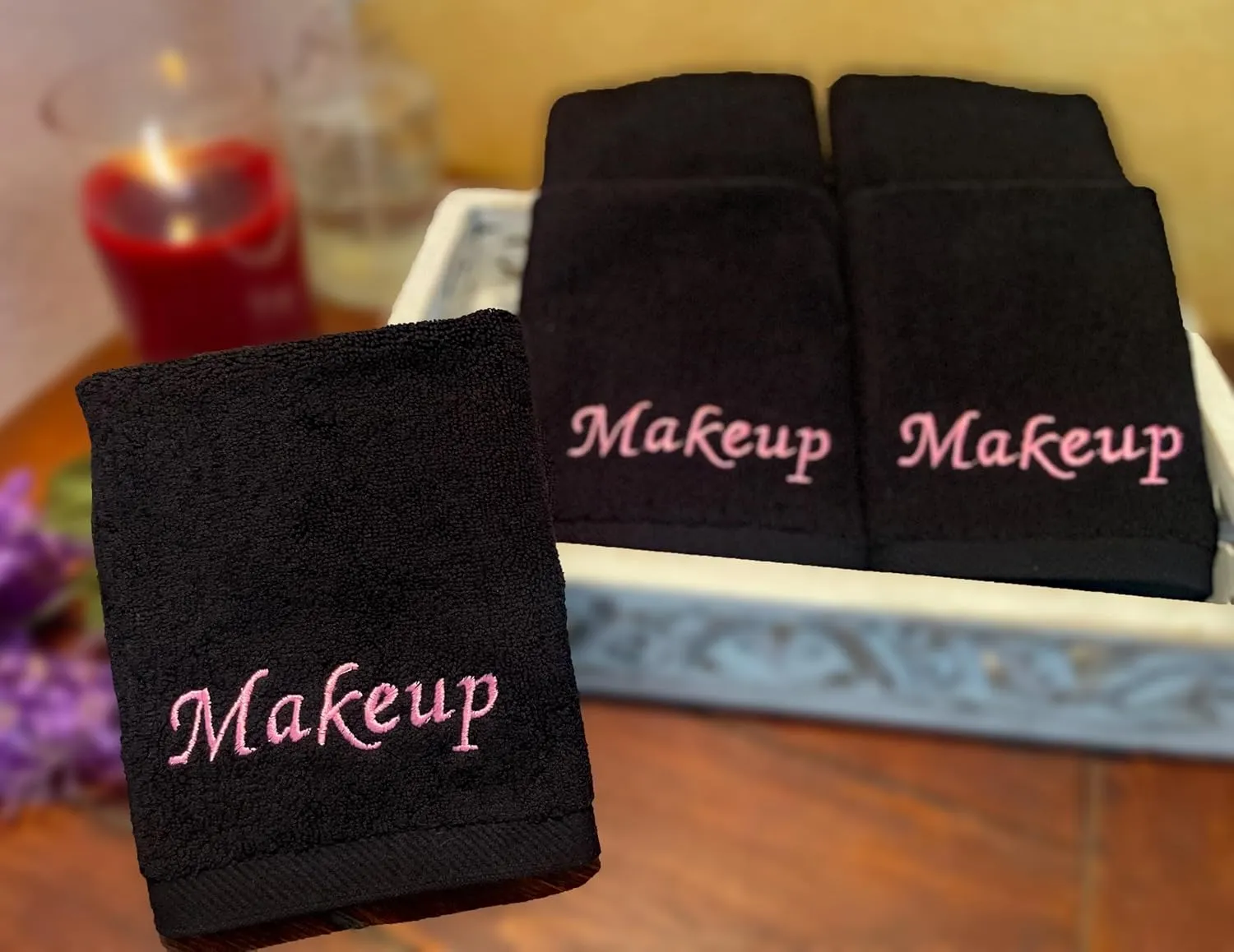 Makeup Remover Eraser Cloths. Reusable towel set. Facial Cleansing washcloths. 100% Cotton. Set of five. (Black & Pink Embroidery, 13 X 13)