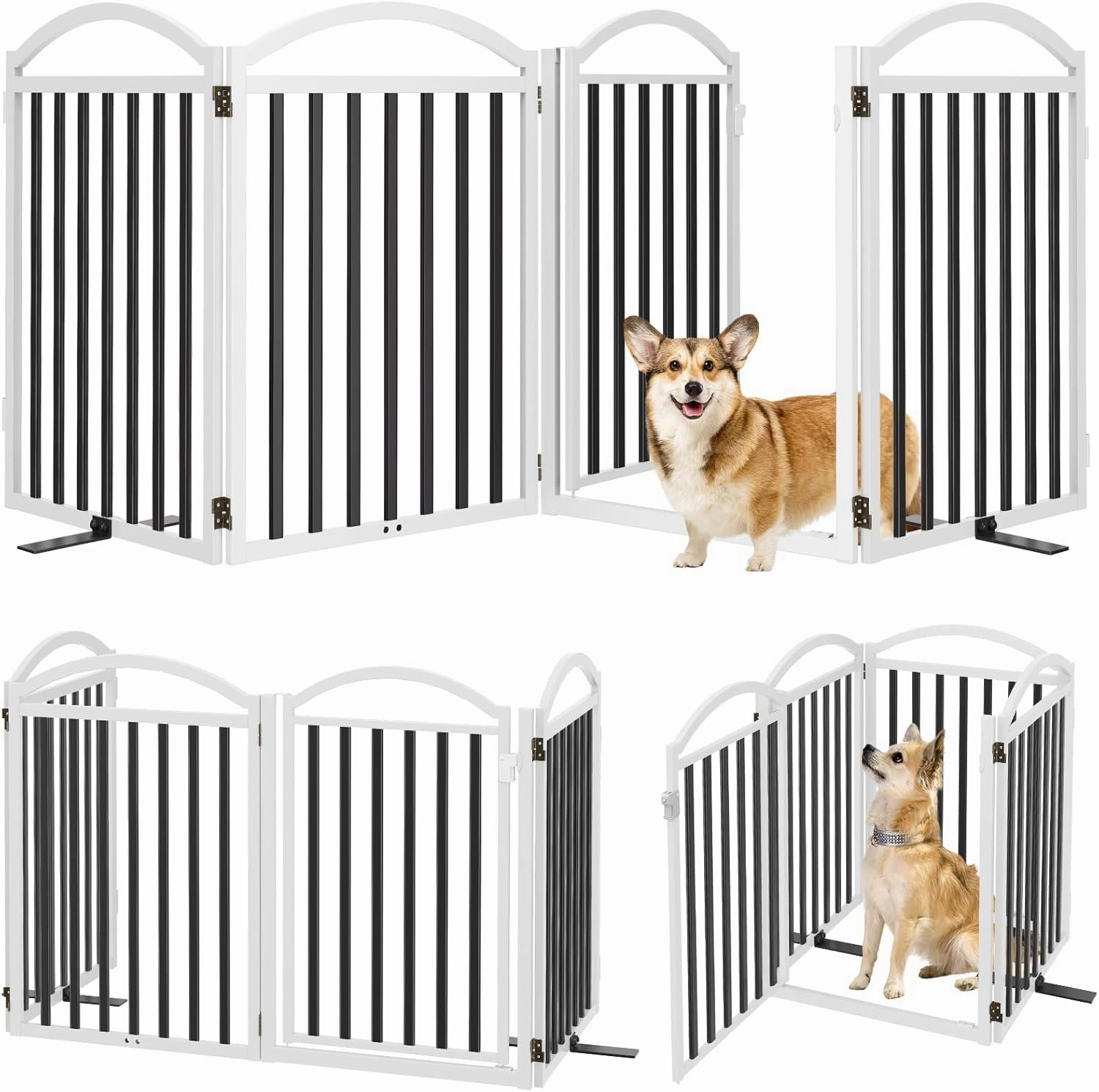 Malier Metal Freestanding Dog Gate with Door, 32'' Height 2 Panels Dog Gate for House, Extra Wide Foldable Indoor Pet Puppy Fence (Black   White, 【4 Panels with Door】 96''W × 32''H)