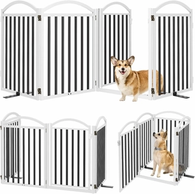 Malier Metal Freestanding Dog Gate with Door, 32'' Height 2 Panels Dog Gate for House, Extra Wide Foldable Indoor Pet Puppy Fence (Black   White, 【4 Panels with Door】 96''W × 32''H)