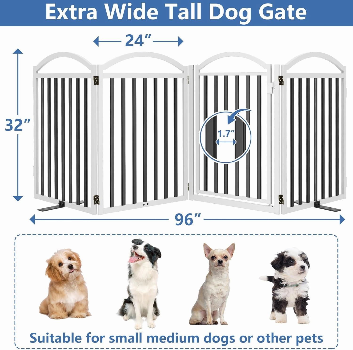 Malier Metal Freestanding Dog Gate with Door, 32'' Height 2 Panels Dog Gate for House, Extra Wide Foldable Indoor Pet Puppy Fence (Black   White, 【4 Panels with Door】 96''W × 32''H)