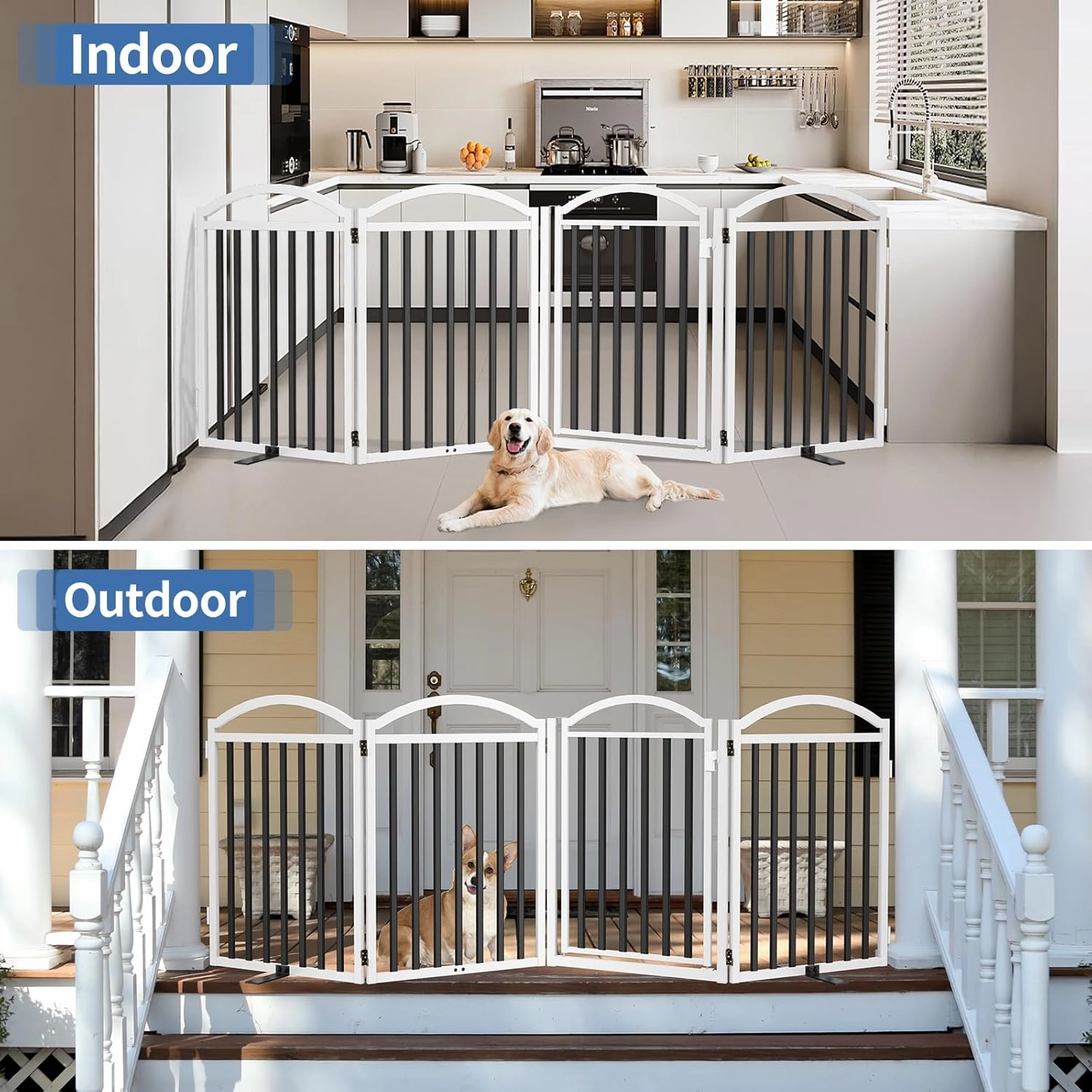 Malier Metal Freestanding Dog Gate with Door, 32'' Height 2 Panels Dog Gate for House, Extra Wide Foldable Indoor Pet Puppy Fence (Black   White, 【4 Panels with Door】 96''W × 32''H)