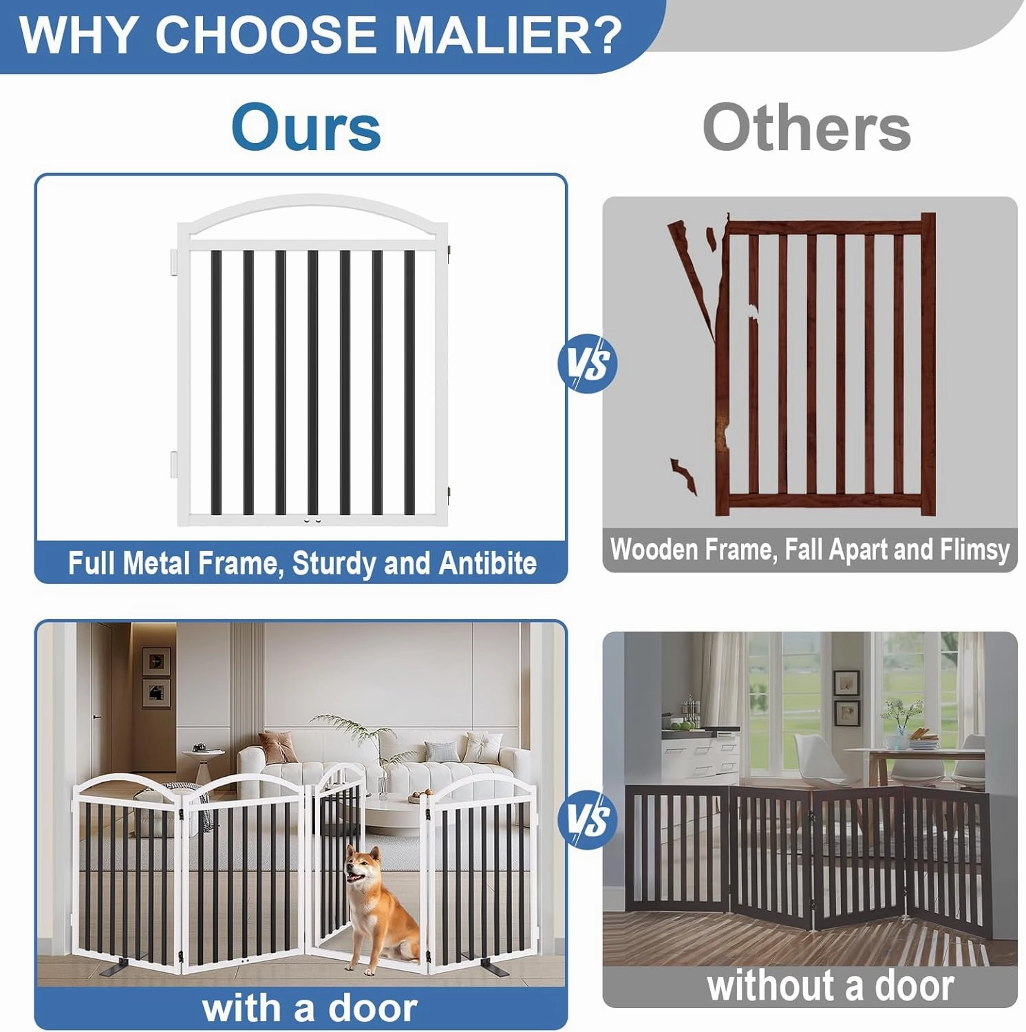 Malier Metal Freestanding Dog Gate with Door, 32'' Height 2 Panels Dog Gate for House, Extra Wide Foldable Indoor Pet Puppy Fence (Black   White, 【4 Panels with Door】 96''W × 32''H)