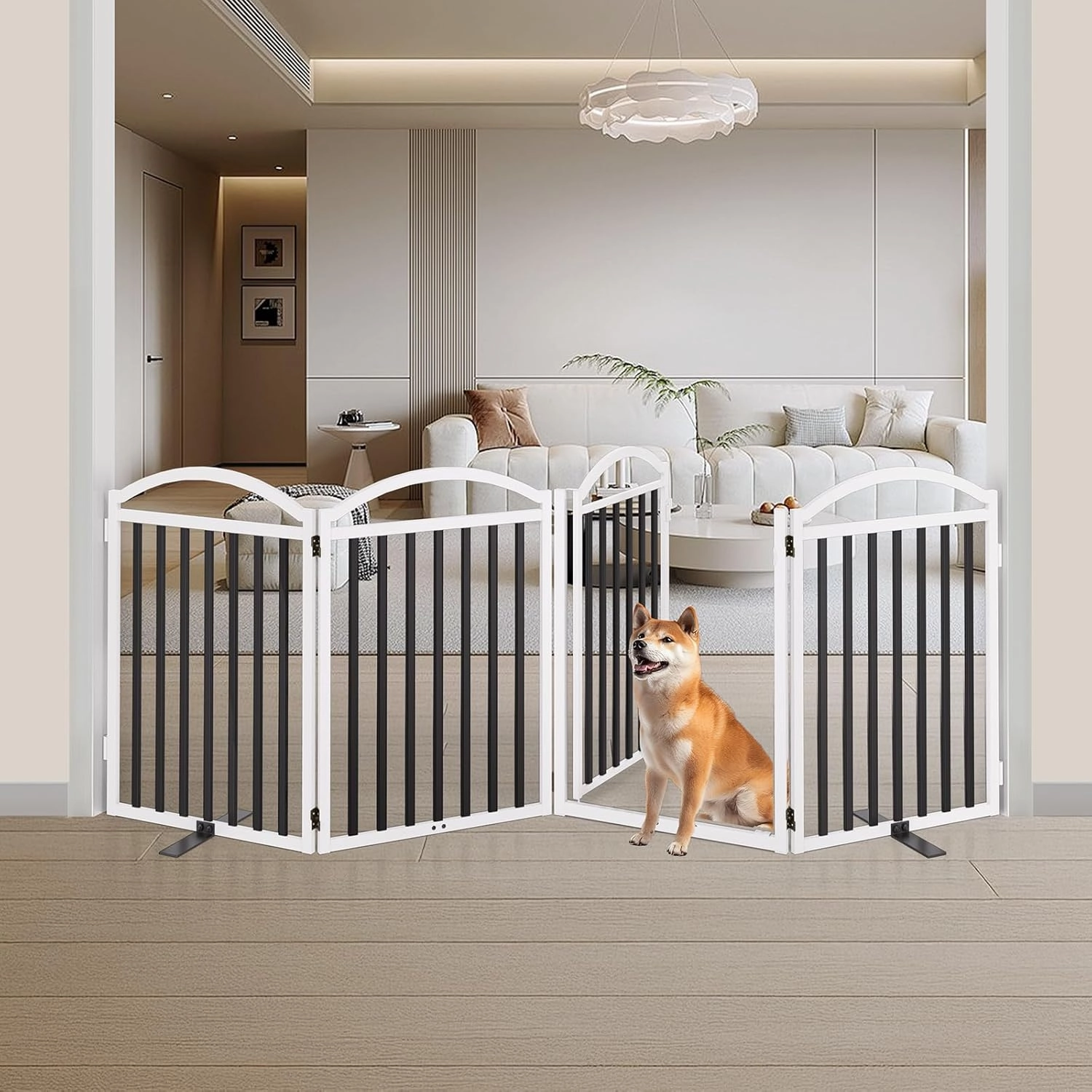 Malier Metal Freestanding Dog Gate with Door, 32'' Height 2 Panels Dog Gate for House, Extra Wide Foldable Indoor Pet Puppy Fence (Black   White, 【4 Panels with Door】 96''W × 32''H)