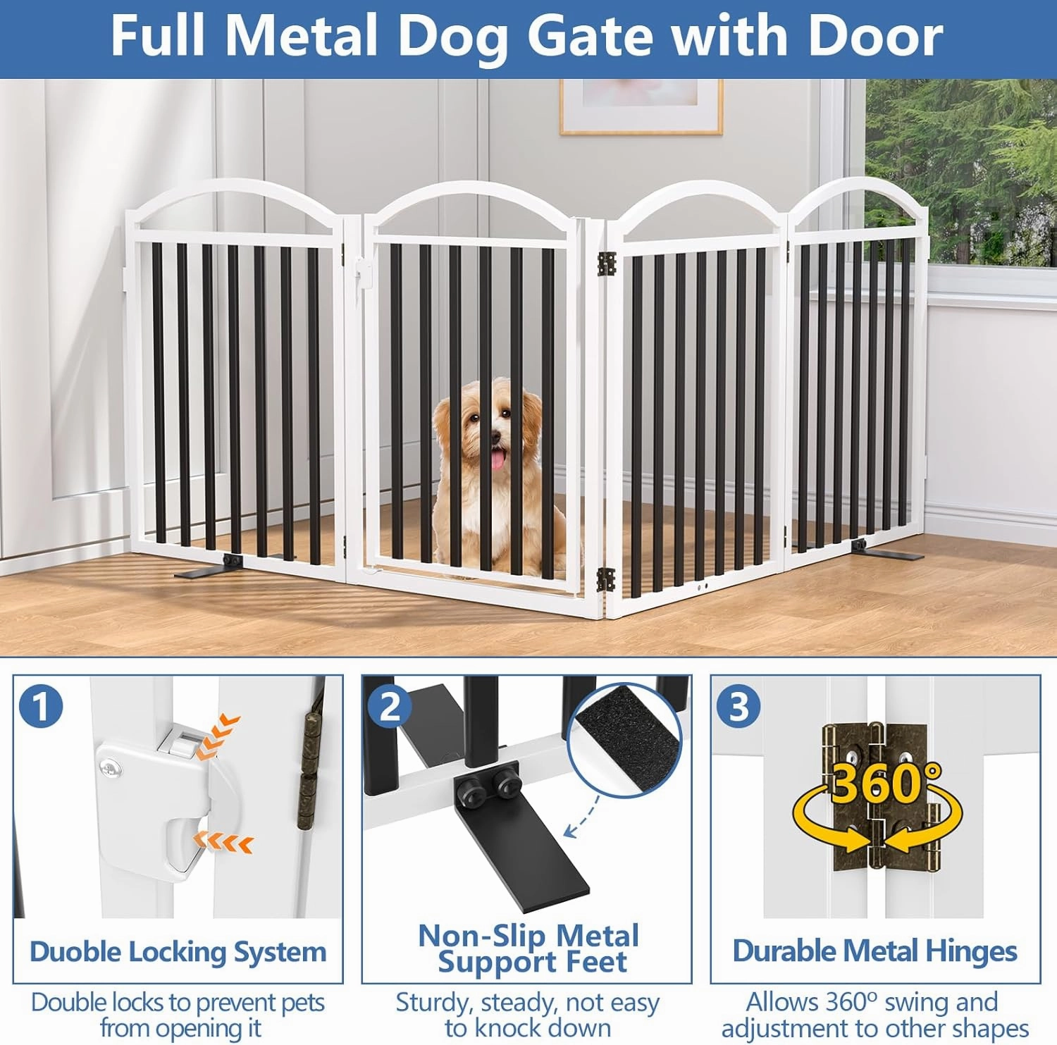 Malier Metal Freestanding Dog Gate with Door, 32'' Height 2 Panels Dog Gate for House, Extra Wide Foldable Indoor Pet Puppy Fence (Black   White, 【4 Panels with Door】 96''W × 32''H)