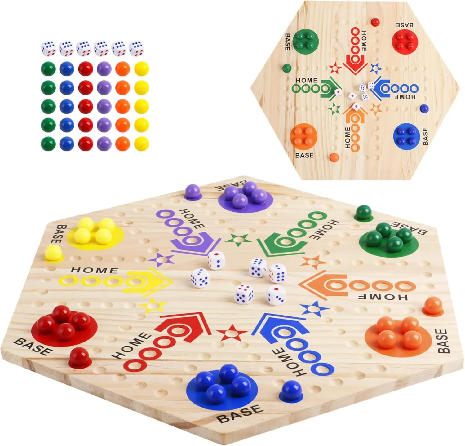Marble Board Game, Double-Sided Wooden Board Game with 30 Marbles & 6 Dice, Colorful Wahoo Marble Ludo Game Kit for 2-6 Players