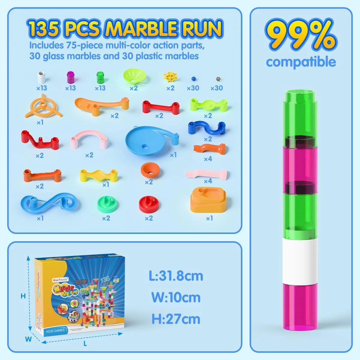 Marble Run for Kids,135 PCS Marble Maze Track Set - Educational Building Block Toys Set for Boys Girls STEM Learning (75 Blocks   60 Marbles)