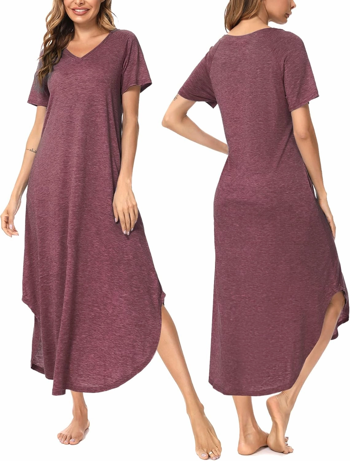 Marvmys Women Short Sleeves Long Nightgown Super Soft Sleepwear Comfy V Neck Cotton Nightshirts with Pocket