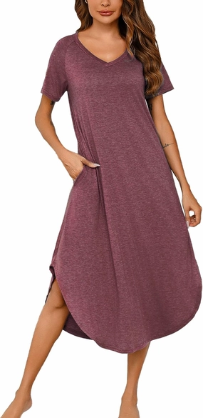 Marvmys Women Short Sleeves Long Nightgown Super Soft Sleepwear Comfy V Neck Cotton Nightshirts with Pocket