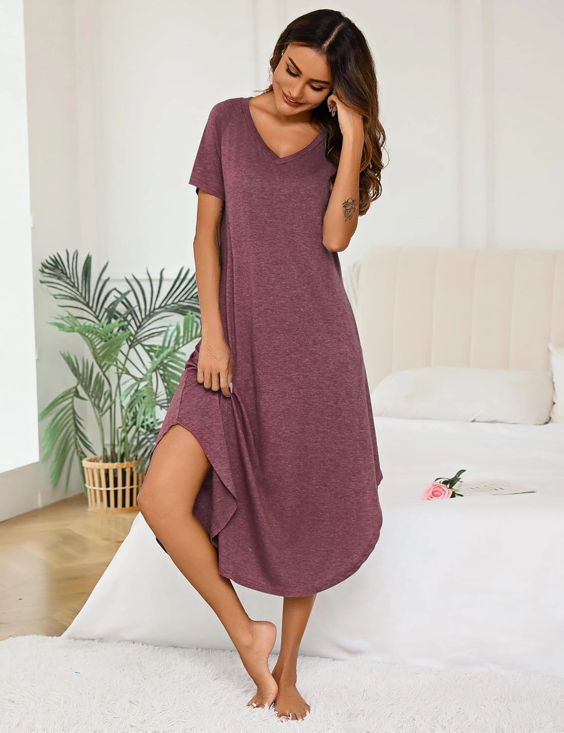 Marvmys Women Short Sleeves Long Nightgown Super Soft Sleepwear Comfy V Neck Cotton Nightshirts with Pocket