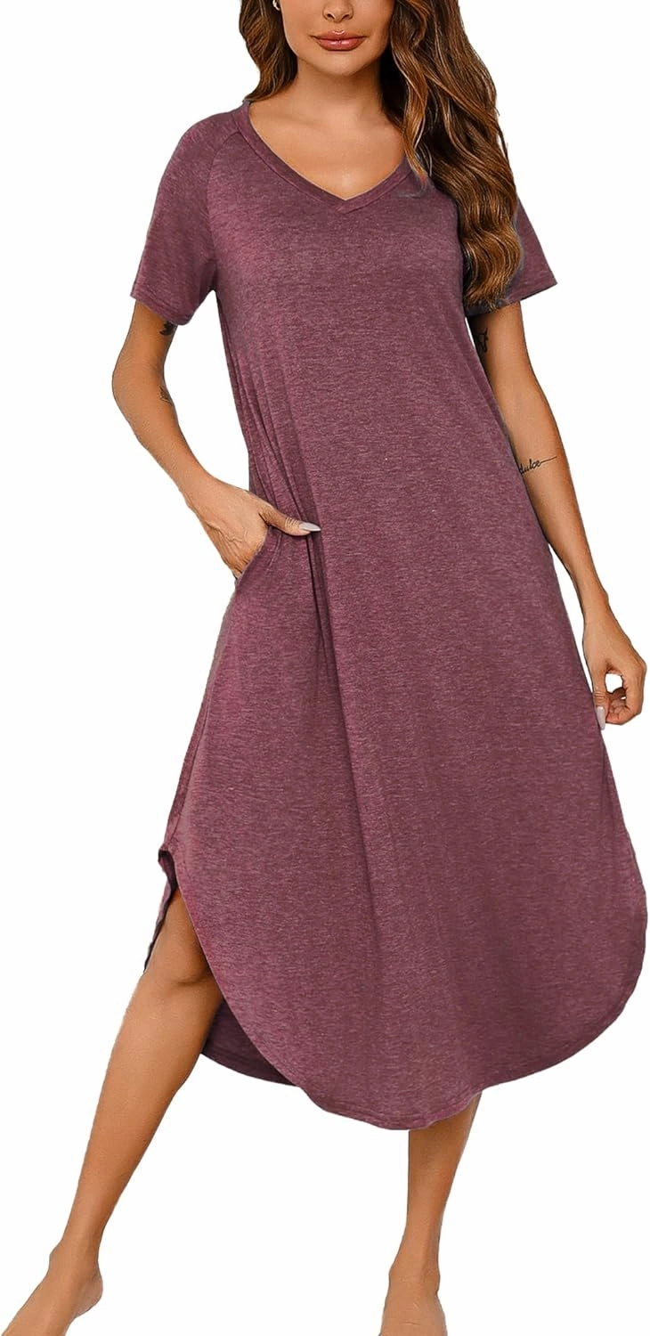 Marvmys Women Short Sleeves Long Nightgown Super Soft Sleepwear Comfy V Neck Cotton Nightshirts with Pocket