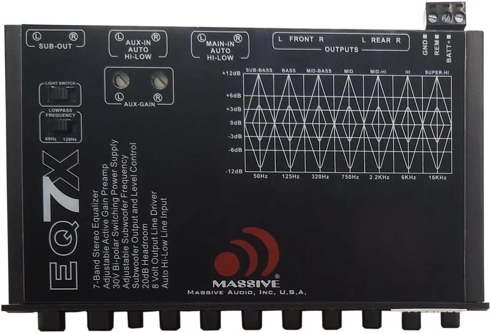 Massive Audio EQ7X Car Equalizer with 7 Band Graphic Equalizer - AUX inputs - 7V RCA Outputs - 8V Line Driver - 12dB Crossover
