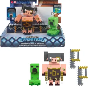 Mattel Minecraft Legends Action Figure 2-Pack, Creeper vs Piglin Bruiser Set, Attack & React Collectible Toys, 3.25-inch Scale