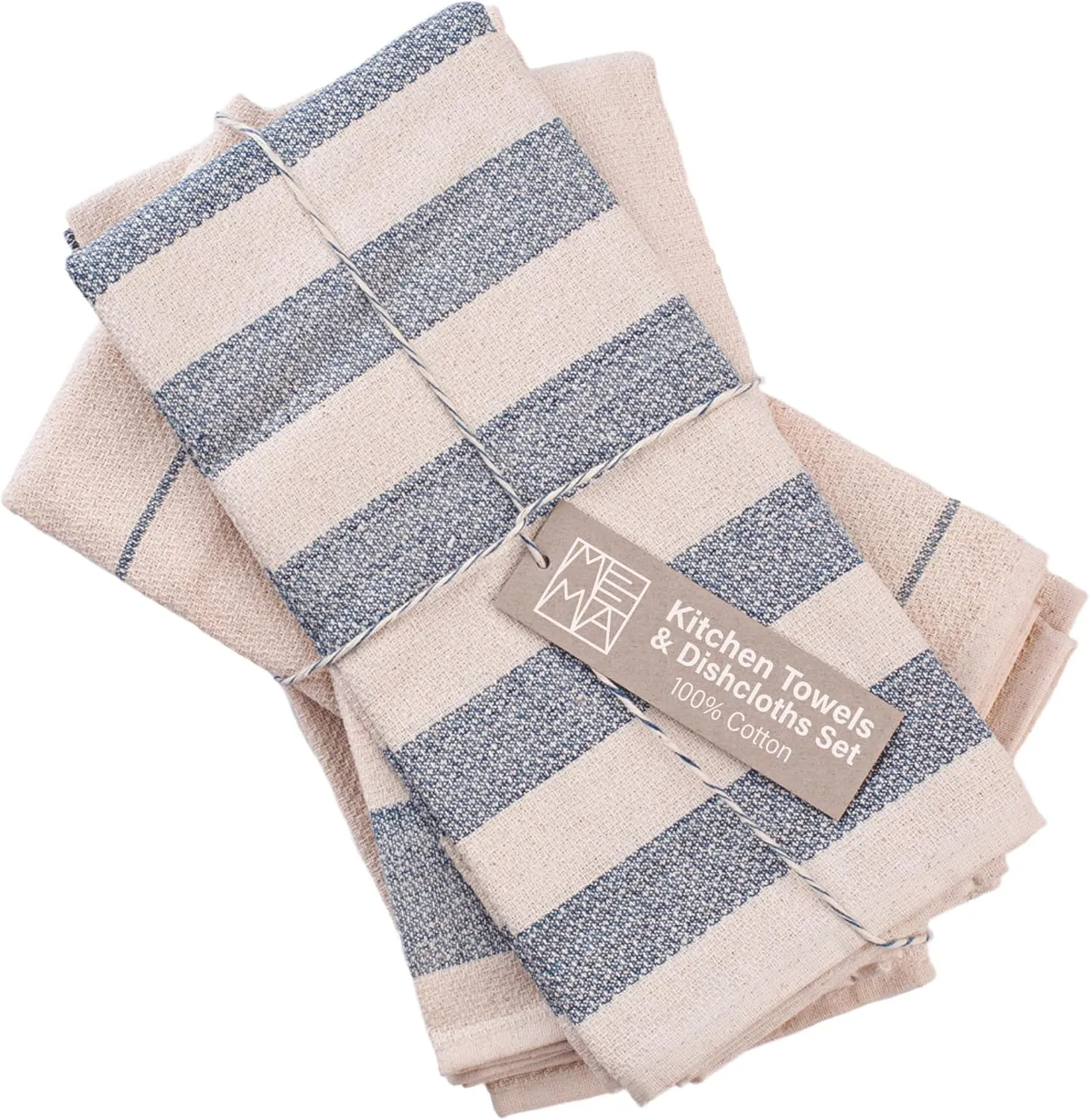 MEEMA Kitchen Towels and Dishcloths Sets of 4 | Large 20 x 28 Inch | Upcycled Cotton Tea Towel | Super Absorbent Cotton Dish Towels for Kitchen | Blue Stripes | Hand Towels