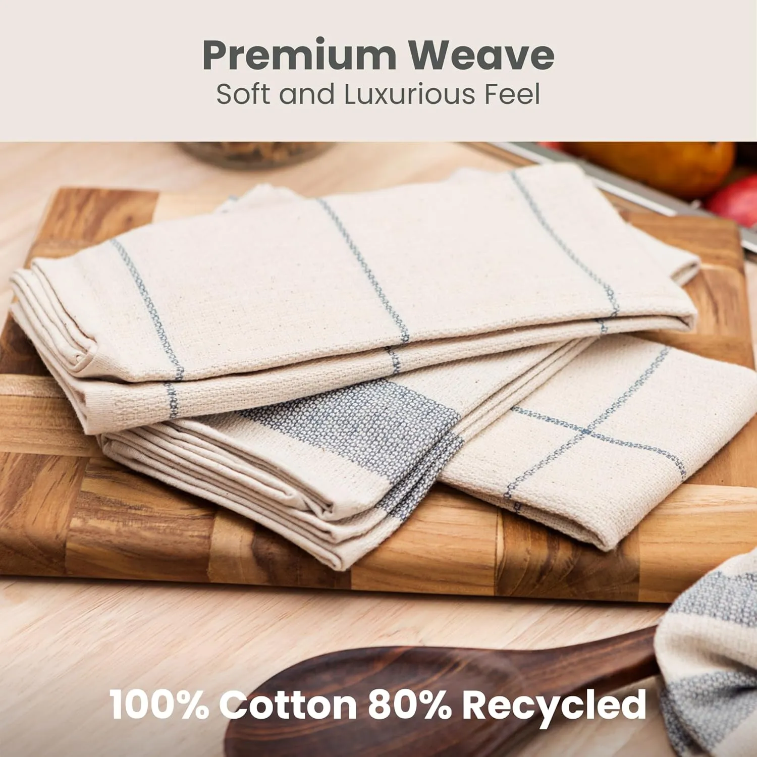 MEEMA Kitchen Towels and Dishcloths Sets of 4 | Large 20 x 28 Inch | Upcycled Cotton Tea Towel | Super Absorbent Cotton Dish Towels for Kitchen | Blue Stripes | Hand Towels