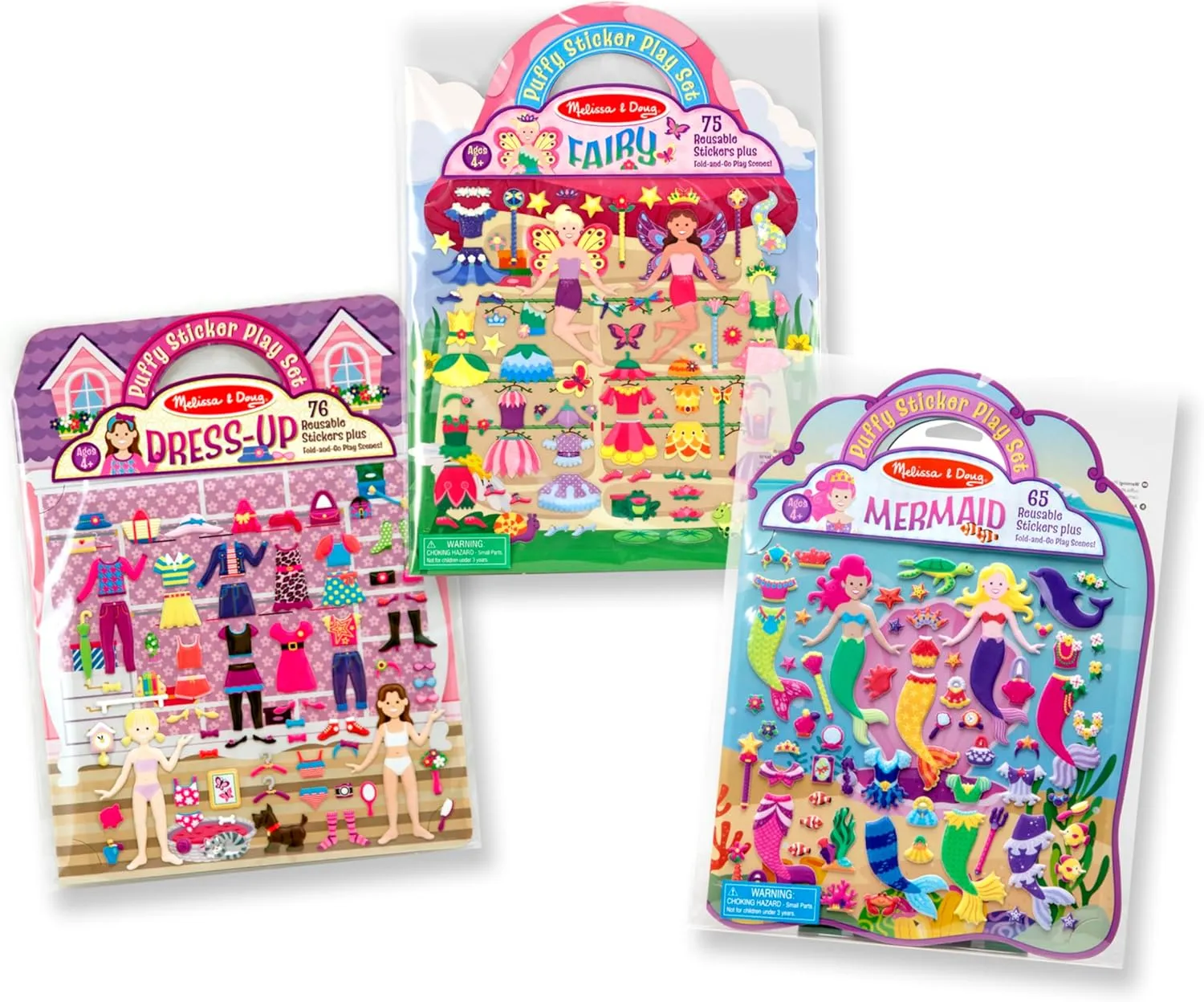 Melissa & Doug Puffy Sticker Pads Set: Fairy, Dress-Up, and Mermaid - 216 Reusable Stickers