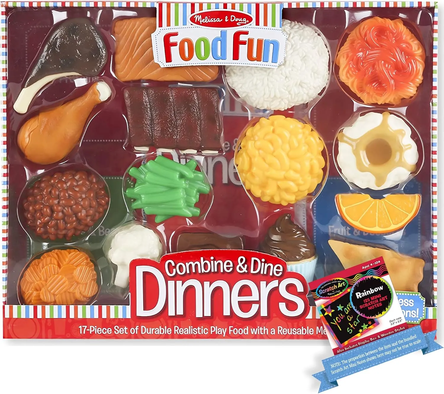 Melissa and Doug Combine and Dine Dinners: Food Fun Toy Play Set Bundle with 1 Theme Compatible M and D Scratch Art Mini-Pad (08267)