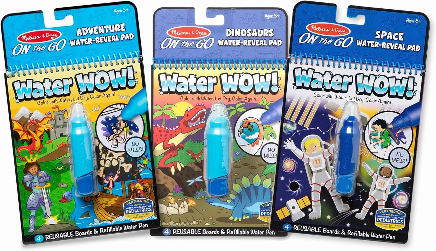 Melissa & Doug On the Go Water Wow! Reusable Color with Water Travel Toy Activity Pad with Chunky Water Pen 3-Pack (Dinosaurs, Adventure, Space) - FSC Certified, 18.0 x 10.0 x 1.5