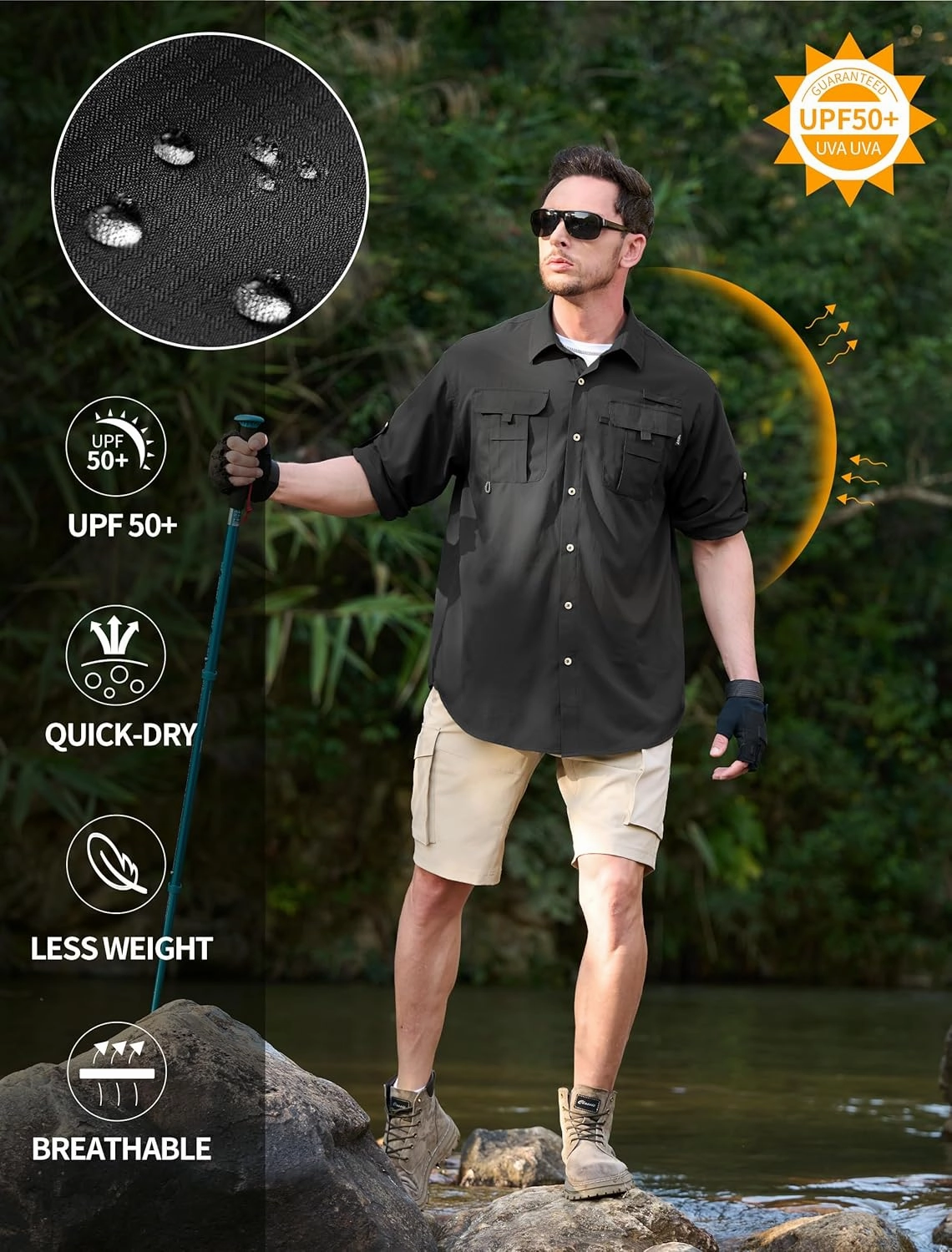 Men's Sun Protection Fishing Shirts Lightweight Long Sleeve UPF 50  Travel Work Hiking Shirts with Pockets