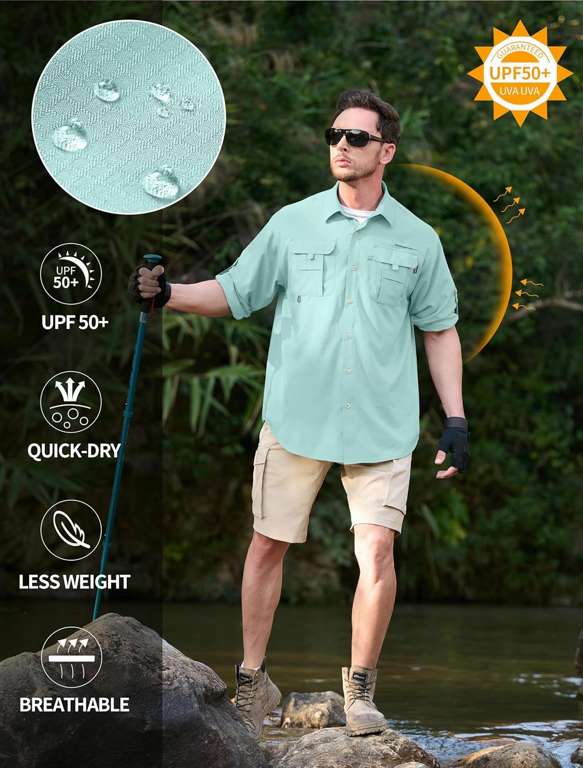 Men's Sun Protection Fishing Shirts Lightweight Long Sleeve UPF 50  Travel Work Hiking Shirts with Pockets