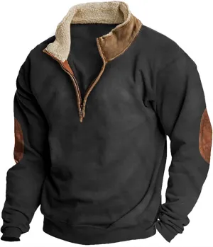Mens Fleece Rugged Sweatshirts Stand Collar Quarter Zip Pullover Long Sleeve Elbow Patches Vintage Work Jackets