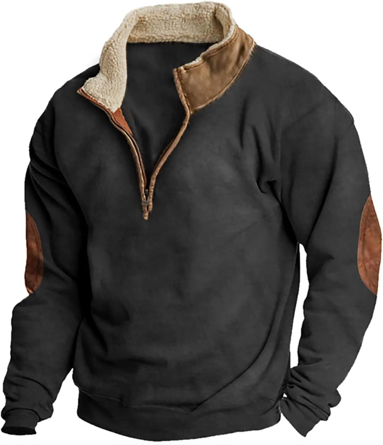 Mens Fleece Rugged Sweatshirts Stand Collar Quarter Zip Pullover Long Sleeve Elbow Patches Vintage Work Jackets