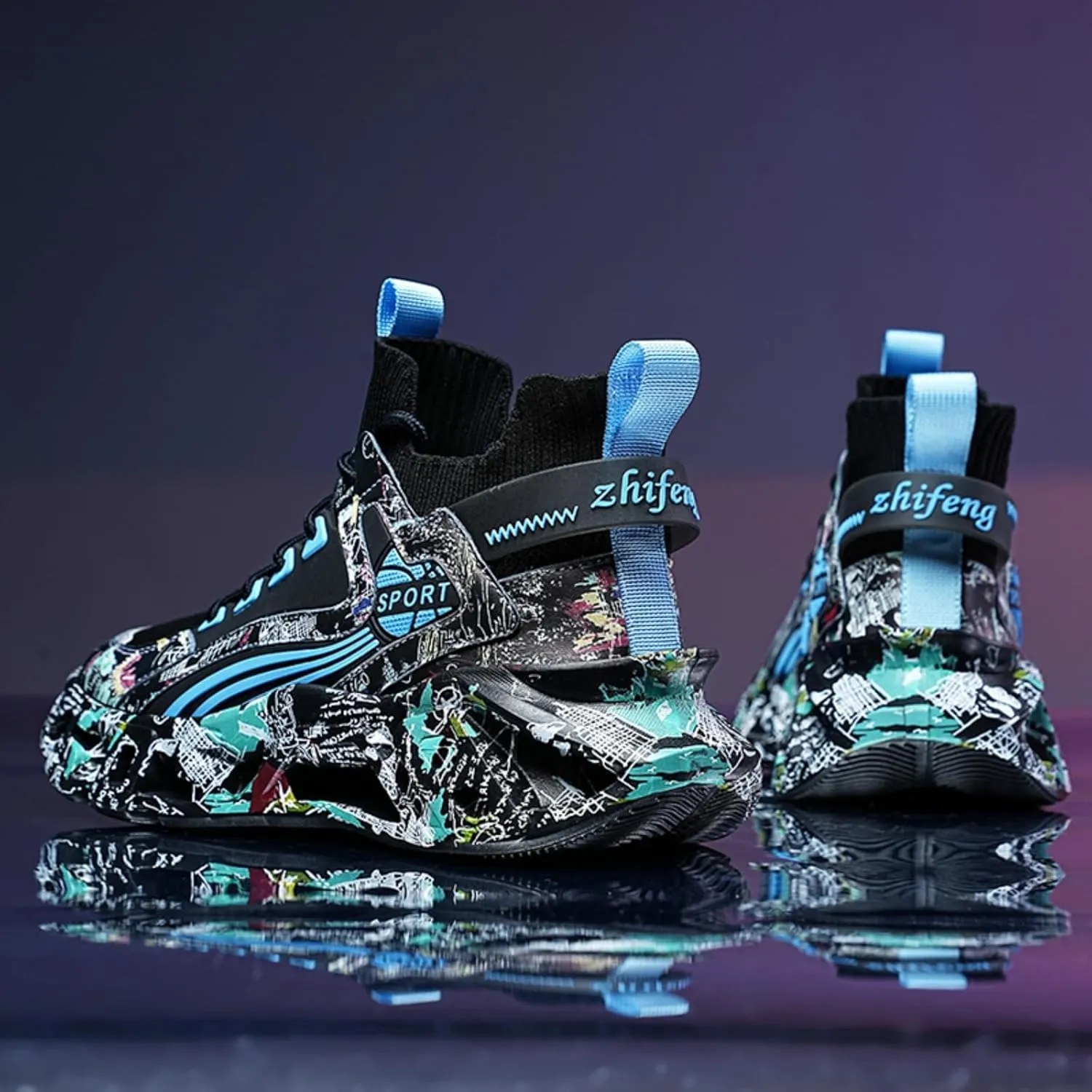 Men's Ultra - Light Shock - Absorbing Basketball Shoes Youth Sports Shoes Stylish Graffiti Design Suitable for Running Walking School for Students and Daily Commute