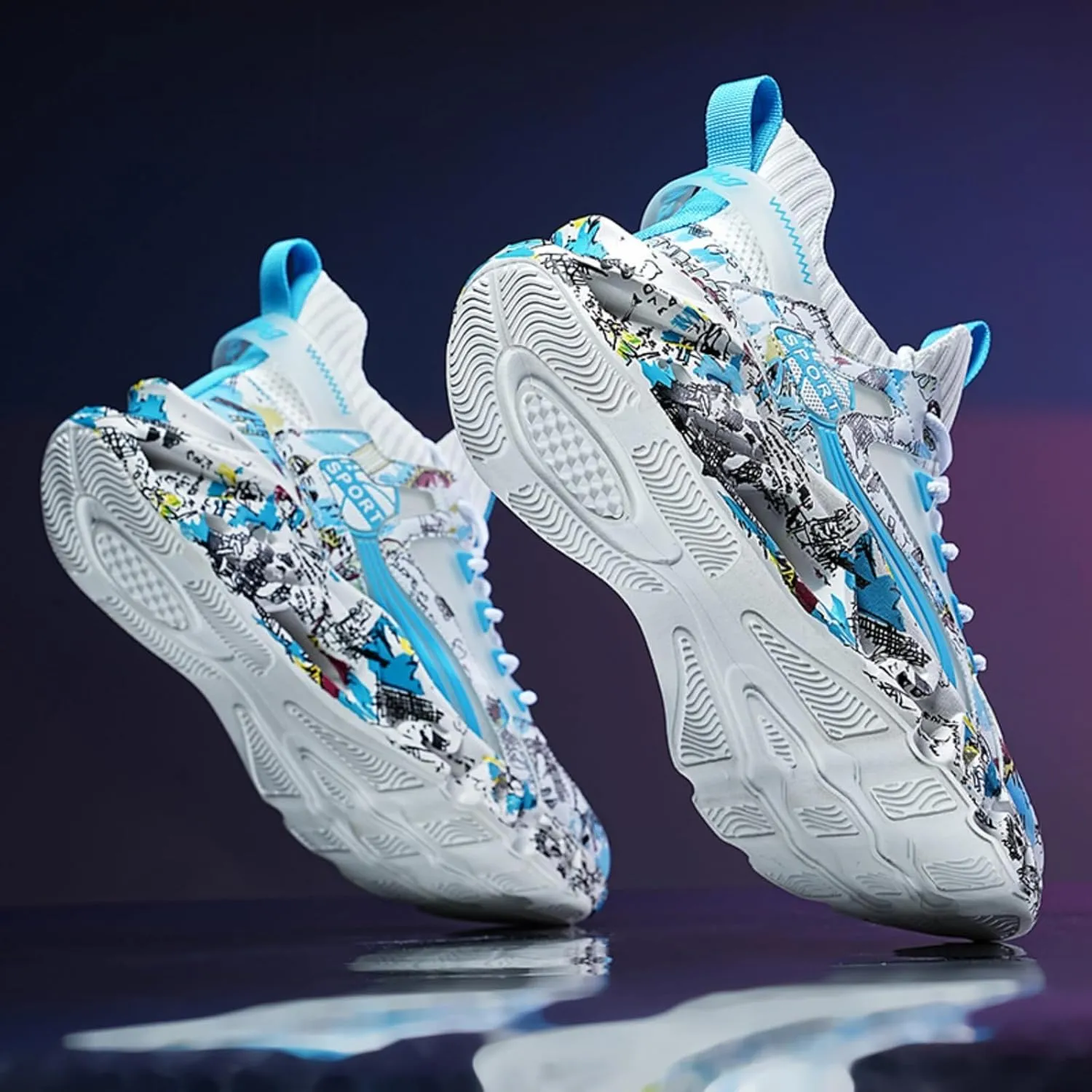 Men's Ultra - Light Shock - Absorbing Basketball Shoes Youth Sports Shoes Stylish Graffiti Design Suitable for Running Walking School for Students and Daily Commute