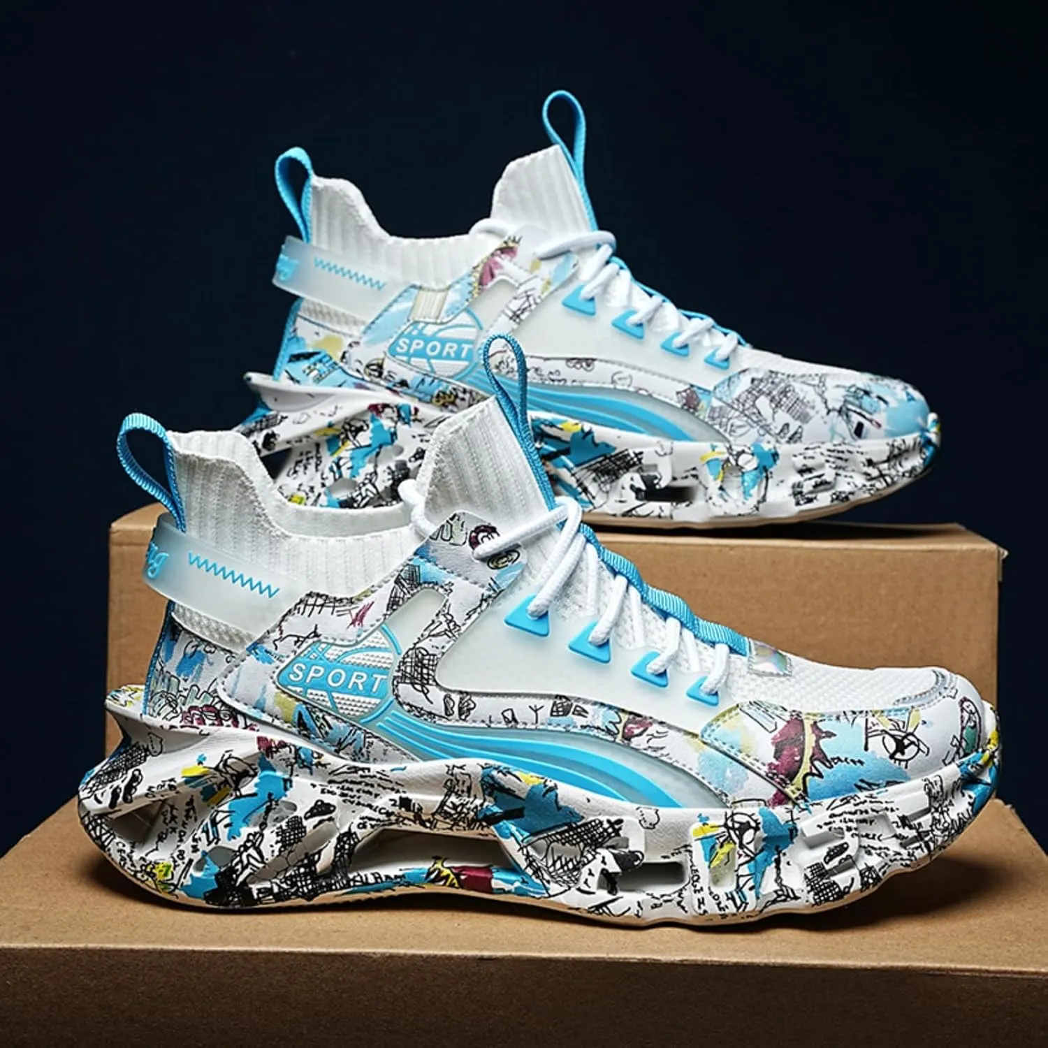 Men's Ultra - Light Shock - Absorbing Basketball Shoes Youth Sports Shoes Stylish Graffiti Design Suitable for Running Walking School for Students and Daily Commute