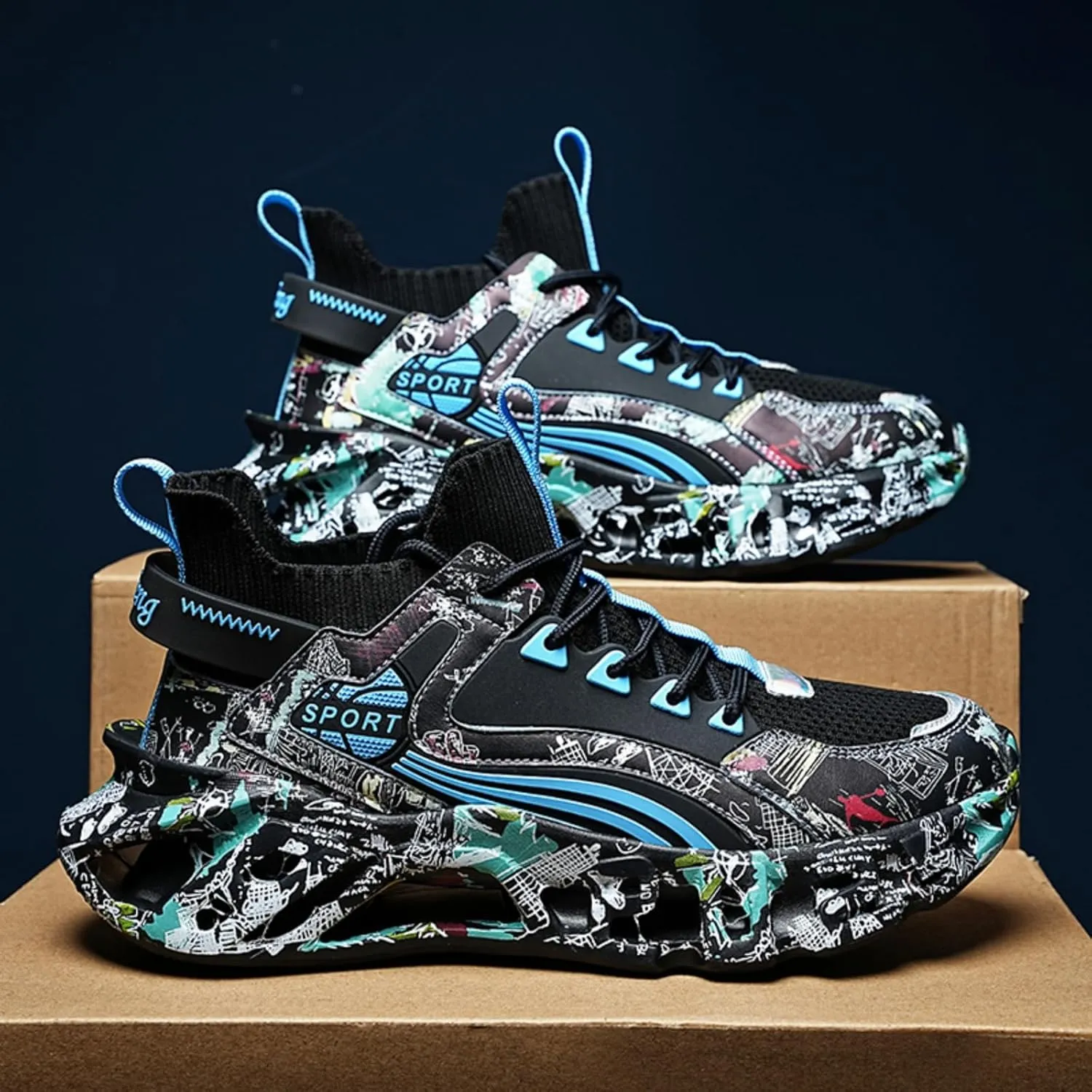 Men's Ultra - Light Shock - Absorbing Basketball Shoes Youth Sports Shoes Stylish Graffiti Design Suitable for Running Walking School for Students and Daily Commute